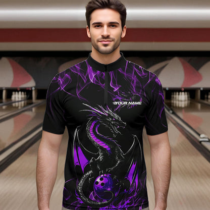 Custom Black And Purple Flame Dragon Bowling Team Quarter-Zip Shirts For Men, Bowling League Shirt IPHW8654