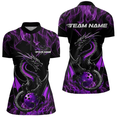 Custom Black And Purple Flame Dragon Bowling Womens Quarter-Zip Shirt, Bowling League Shirt IPHW8654