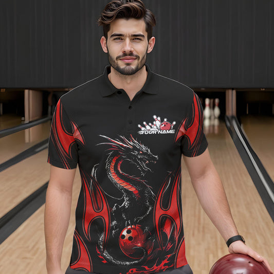 Custom Black And Red Flame Dragon Bowling Tournament Polo Shirts For Men, Bowlers Outfits IPHW8656