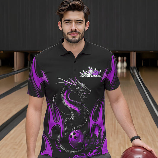 Custom Black And Purple Flame Dragon Bowling Tournament Polo Shirts For Men, Bowlers Outfits IPHW8657