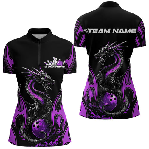 Custom Black And Purple Flame Dragon Bowling Tournament Womens Quarter-Zip Shirts IPHW8657