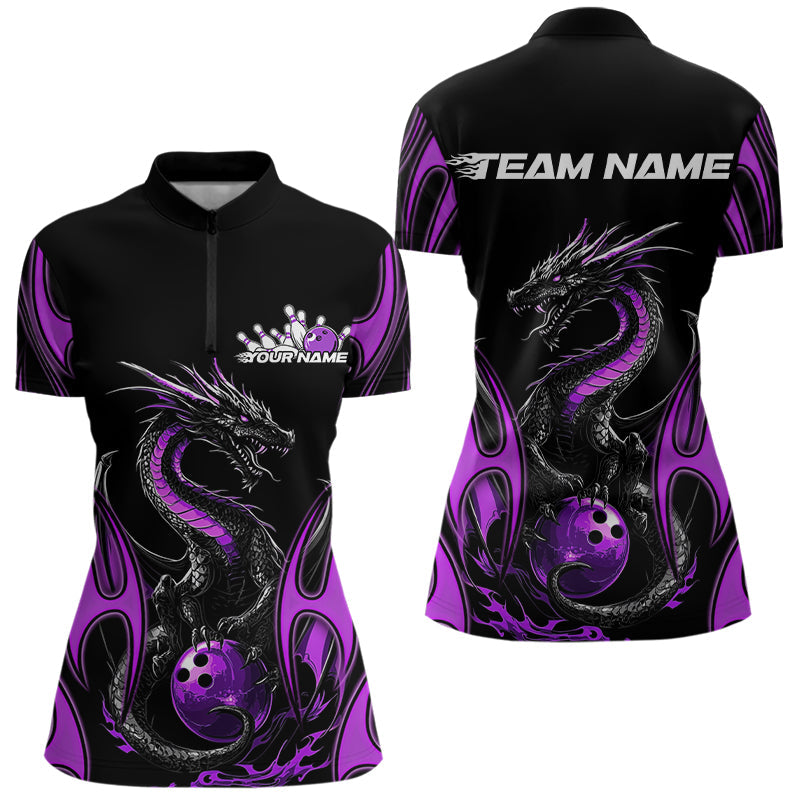 Custom Black And Purple Flame Dragon Bowling Tournament Womens Quarter-Zip Shirts IPHW8657