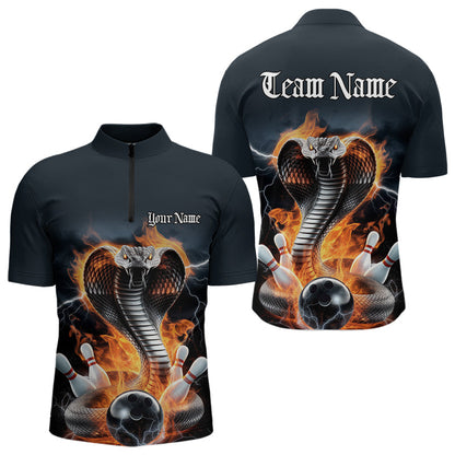 Custom Flame Cobra Snake Bowling Team Quarter-Zip Shirts For Men, Bowling Tournament Outfit IPHW8668