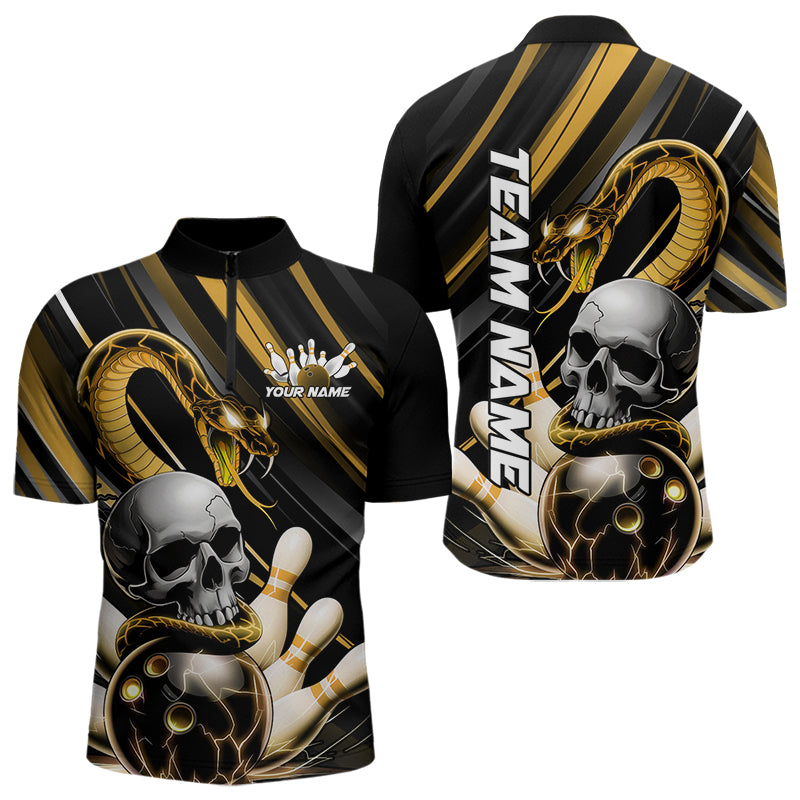 Custom Black And Yellow Snake Skull Bowling Quarter-Zip Shirts For Men, Bowling Team Shirt IPHW8671