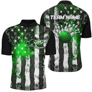 Green Thunder Lightning American Flag Custom Unisex Bowling Team Shirts, Patriotic Bowlers Outfit IPHW6491