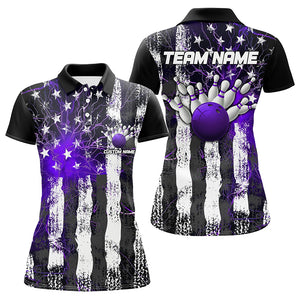 Purple Thunder Lightning American Flag Custom Ladies Bowling Team Shirts, Patriotic Bowlers Outfit IPHW6492