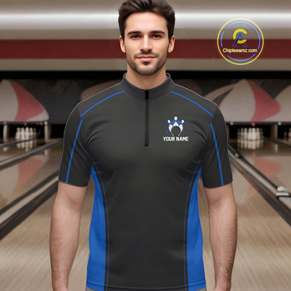 Custom Black And Mid Blue Classic Bowling Team Quarter-Zip Shirt For Men, Bowling League Shirt IPHW9912
