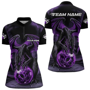 Black And Purple Custom Bowling Team Shirts For Women, Dragon Bowling Uniform Bowler Outfit IPHW7990