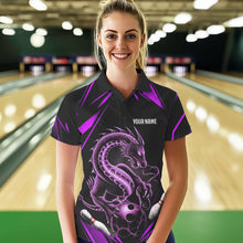 Load image into Gallery viewer, Custom Black And Purple Dragon Bowling Polo Shirts For Women, Dragon Bowling League Shirt IPHW8673