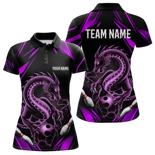 Custom Black And Purple Dragon Bowling Polo Shirts For Women, Dragon Bowling League Shirt IPHW8673