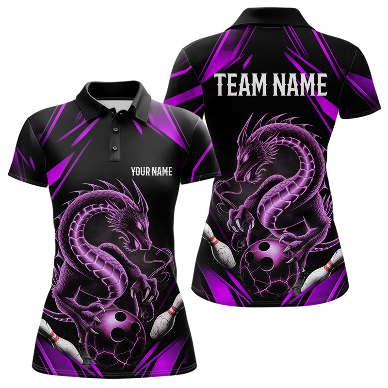 Custom Black And Purple Dragon Bowling Polo Shirts For Women, Dragon Bowling League Shirt IPHW8673