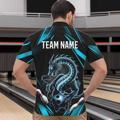 Custom Black And Blue Dragon Bowling Quarter-Zip Shirts For Men, Dragon Bowling League Shirt IPHW8675