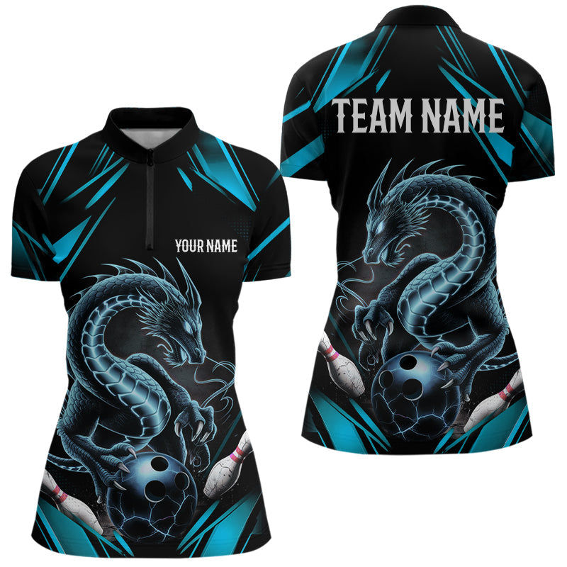 Custom Black And Blue Dragon Womens Bowling Quarter-Zip Shirts, Dragon Bowling League Shirt IPHW8675