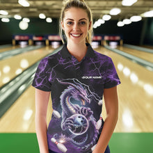 Load image into Gallery viewer, Custom Black And Purple Thunder Lightning Dragon Bowling Team Polo Shirts For Women IPHW8678