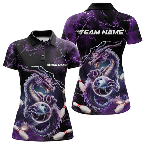 Custom Black And Purple Thunder Lightning Dragon Bowling Team Polo Shirts For Women IPHW8678