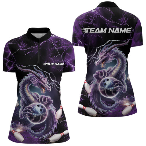 Custom Black And Purple Thunder Lightning Dragon Bowling Team Quarter-Zip Shirts For Women IPHW8678