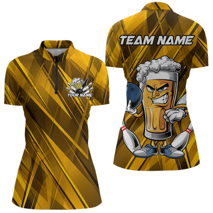 Custom Funny Beer Bowling Women Quarter-Zip Shirts For Bowlers, Beer And Bowling Jerseys IPHW8932