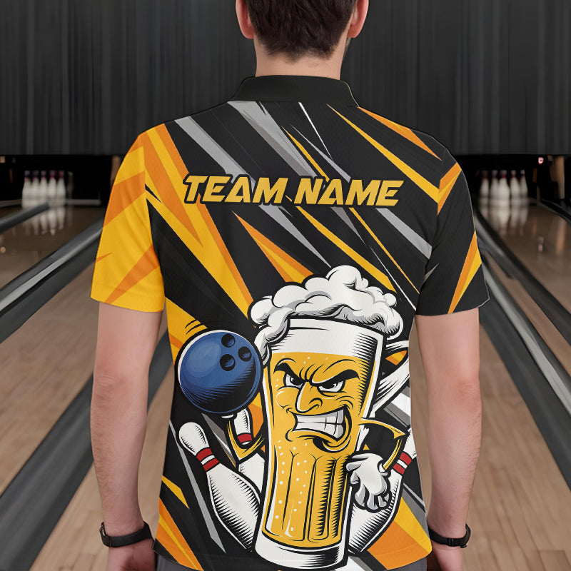 Custom Black And Yellow Funny Beer Bowling Men Polo Shirts, Angry Beer Glass Bowling Jersey IPHW8933