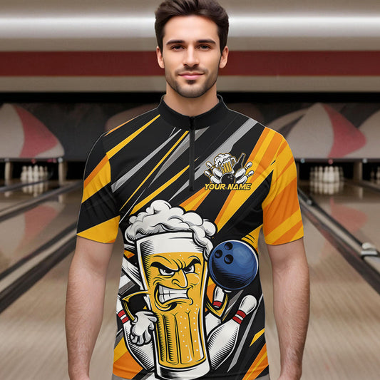 Custom Black And Yellow Funny Beer Bowling Men Quarter-Zip Shirts, Angry Beer Glass Bowling Jersey IPHW8933