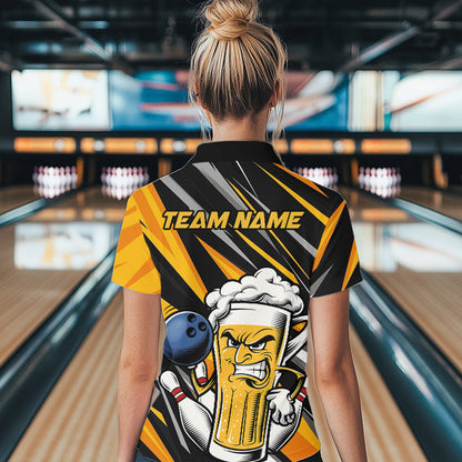 Custom Black And Yellow Funny Beer Bowling Women Quarter-Zip Shirt, Angry Beer Glass Jersey IPHW8933