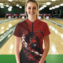 Load image into Gallery viewer, Female model wearing a red and black bowling quarter-zip shirt at the bowling lane with butterfly artwork, bowling ball, and pin accents.