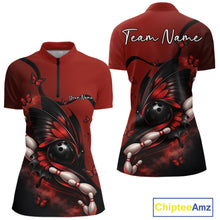 Load image into Gallery viewer, Front and back display of a red and black women’s bowling quarter-zip shirt showcasing a butterfly wrapped around a bowling ball and bowling pins.
