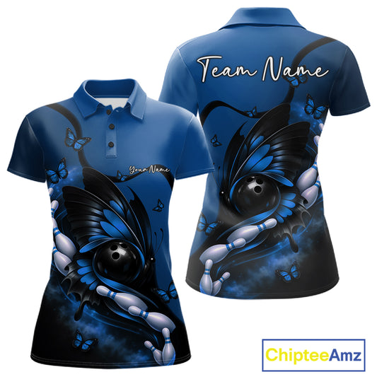 Front and back mockup of a blue and black women’s bowling polo shirt featuring a butterfly wrapped around a bowling ball and bowling pins.
