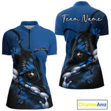 Load image into Gallery viewer, Front and back mockup of a blue and black women’s bowling quarter-zip shirt featuring a butterfly wrapped around a bowling ball and bowling pins.