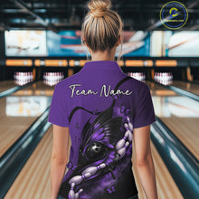 Load image into Gallery viewer, Back view of a female model wearing a purple and black bowling quarter-zip shirt showcasing a butterfly wrapped around a bowling ball.