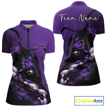 Load image into Gallery viewer, Front and back view of a purple and black women’s bowling quarter-zip shirt featuring a butterfly wrapped around a bowling ball with bowling pins.