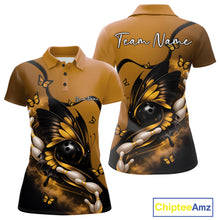 Load image into Gallery viewer, Front and back mockup of a yellow and black women’s bowling polo shirt featuring a butterfly wrapped around a bowling ball with bowling pins.