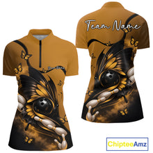 Load image into Gallery viewer, Front and back mockup of a yellow and black women’s bowling quarter-zip shirt featuring a butterfly wrapped around a bowling ball with bowling pins.