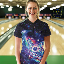 Load image into Gallery viewer, Female model wearing a colorful quarter-zip bowling shirt in a bowling alley featuring glowing butterfly wings and a bowling ball centerpiece.