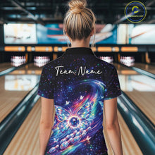 Load image into Gallery viewer, Back view of a female model in a bowling venue wearing a colorful bowling quarter-zip shirt with luminous butterfly wings and galaxy graphics.