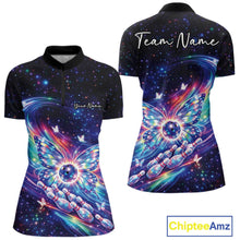 Load image into Gallery viewer, Front and back view of a colorful women’s bowling quarter-zip shirt with glowing butterfly wings surrounding a bowling ball and vibrant galaxy accents.
