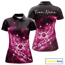 Load image into Gallery viewer, Front and back mockup of a pink women’s bowling polo shirt showcasing glowing butterfly wings around a bowling ball against a galaxy background.