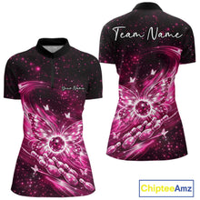 Load image into Gallery viewer, Front and back mockup of a pink women’s bowling quarter-zip shirt showcasing glowing butterfly wings around a bowling ball against a galaxy background.