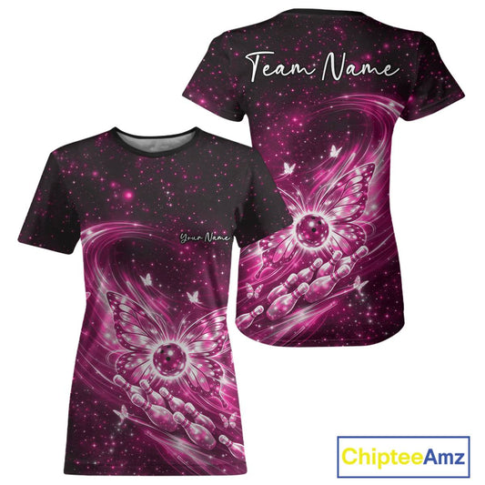 Front and back mockup of a pink women’s crewneck bowling T-shirt featuring luminous butterfly wings, a bowling ball centerpiece, and galaxy artwork.