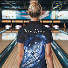 Load image into Gallery viewer, Back view of a female model in a bowling alley wearing a blue polo shirt featuring glowing butterfly wings and galaxy-themed bowling graphics.