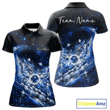 Load image into Gallery viewer, Front and back view of a blue women’s bowling polo shirt featuring glowing butterfly wings around a bowling ball and galaxy-inspired artwork.