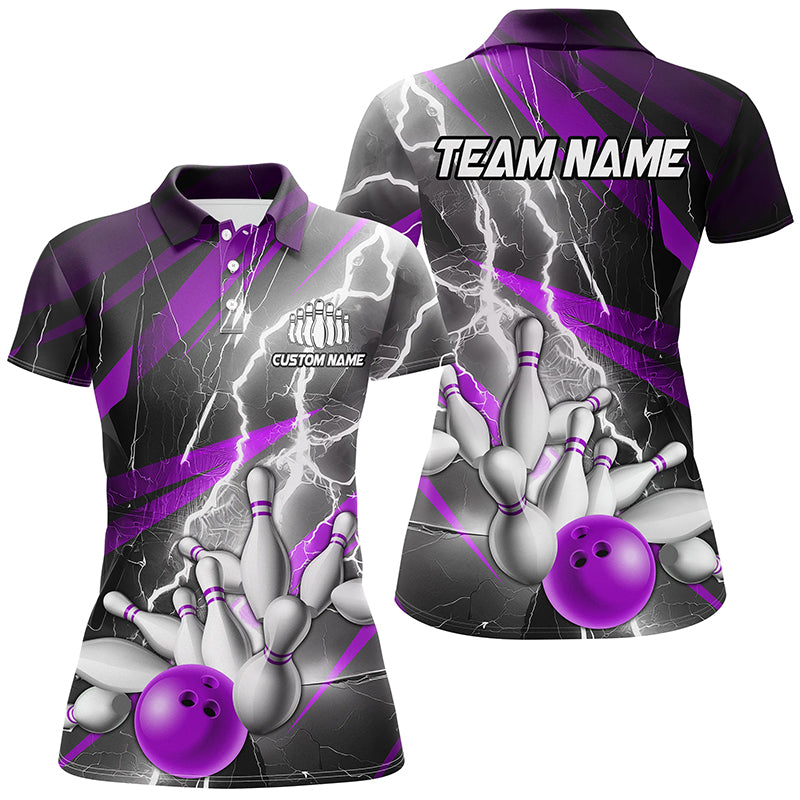 Purple Lightning Strike Custom Bowling Polo Shirts For Women, Ladies Team Bowling Shirts IPHW6855