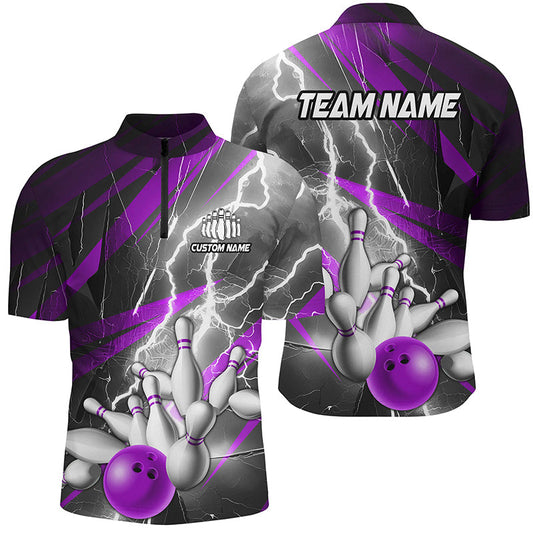Purple Lightning Strike Custom Bowling Quarter Zip Shirts For Men, Team Bowling Shirts Bowler Outfit IPHW6855