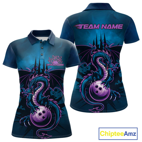 Custom Blue And Purple Dragon Bowling Polo Shirts For Women, Dragon League Team Shirt IPHW9533