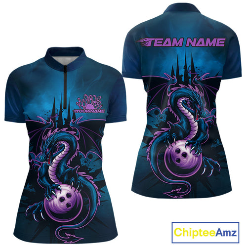 Custom Blue And Purple Dragon Bowling Women Quarter-Zip Shirt, Dragon League Team Shirt IPHW9533