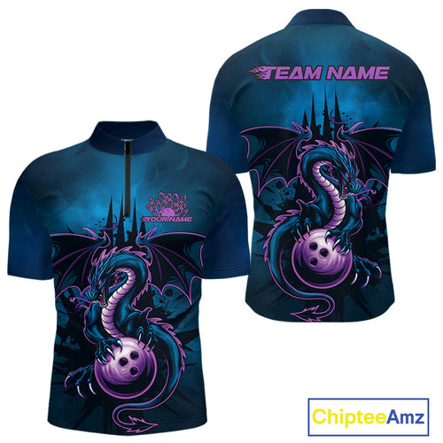 Custom Blue And Purple Dragon Bowling Quarter-Zip Shirts For Men, Dragon League Team Shirt IPHW9533