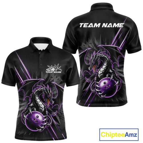 Custom Black And Purple Dragon Bowling Polo Shirts For Men, Dragon Bowling Team Shirt IPHW9538