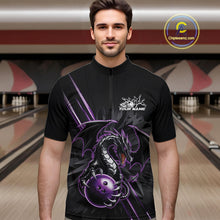 Load image into Gallery viewer, Custom Black And Purple Dragon Bowling Quarter-Zip Shirts For Men, Dragon Bowling Team Shirt IPHW9538