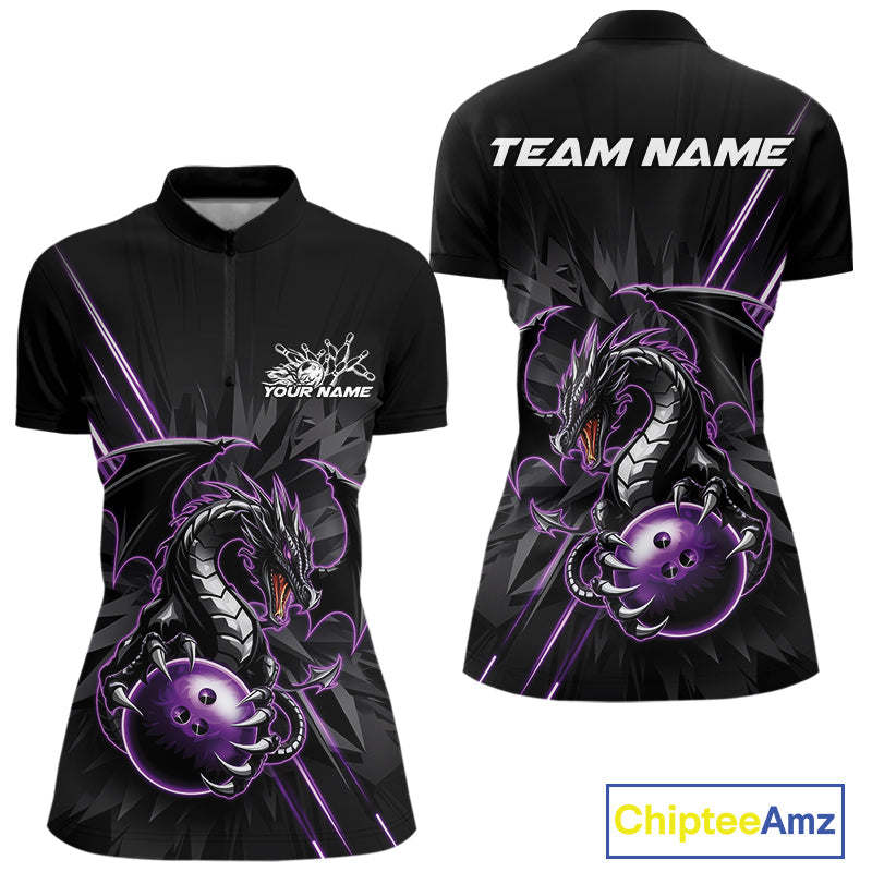 Custom Black And Purple Dragon Bowling Women Quarter-Zip Shirt, Dragon Bowling Team Shirt IPHW9538