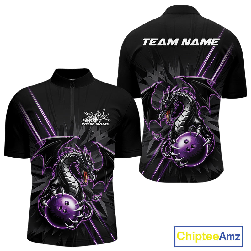 Custom Black And Purple Dragon Bowling Quarter-Zip Shirts For Men, Dragon Bowling Team Shirt IPHW9538