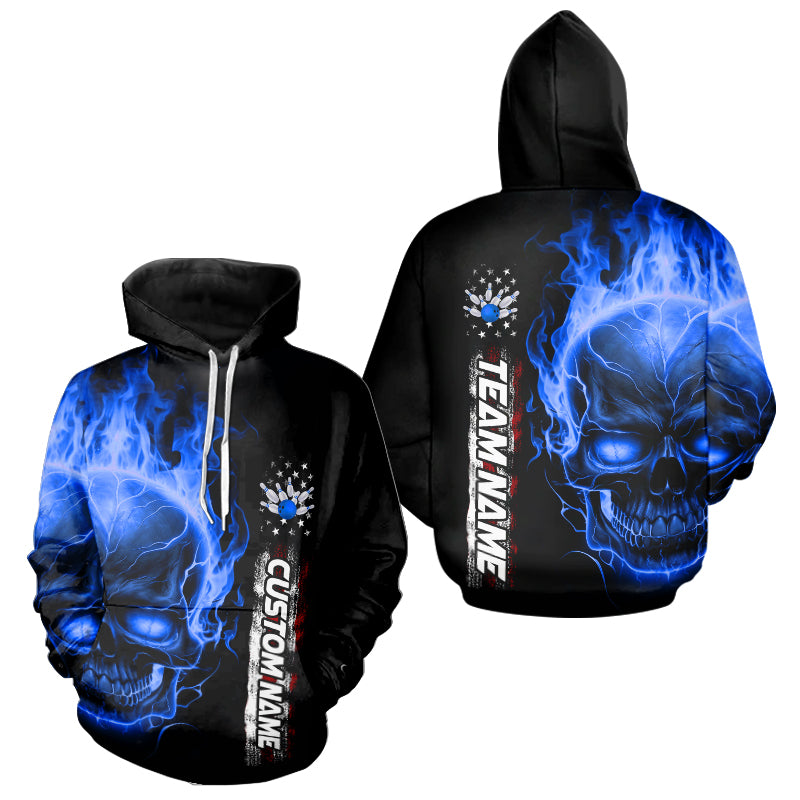 Custom Blue Flame Skull American Flag Bowling Hoodie Shirts For Men And Women, Patriotic Bowling Shirt IPHW5145